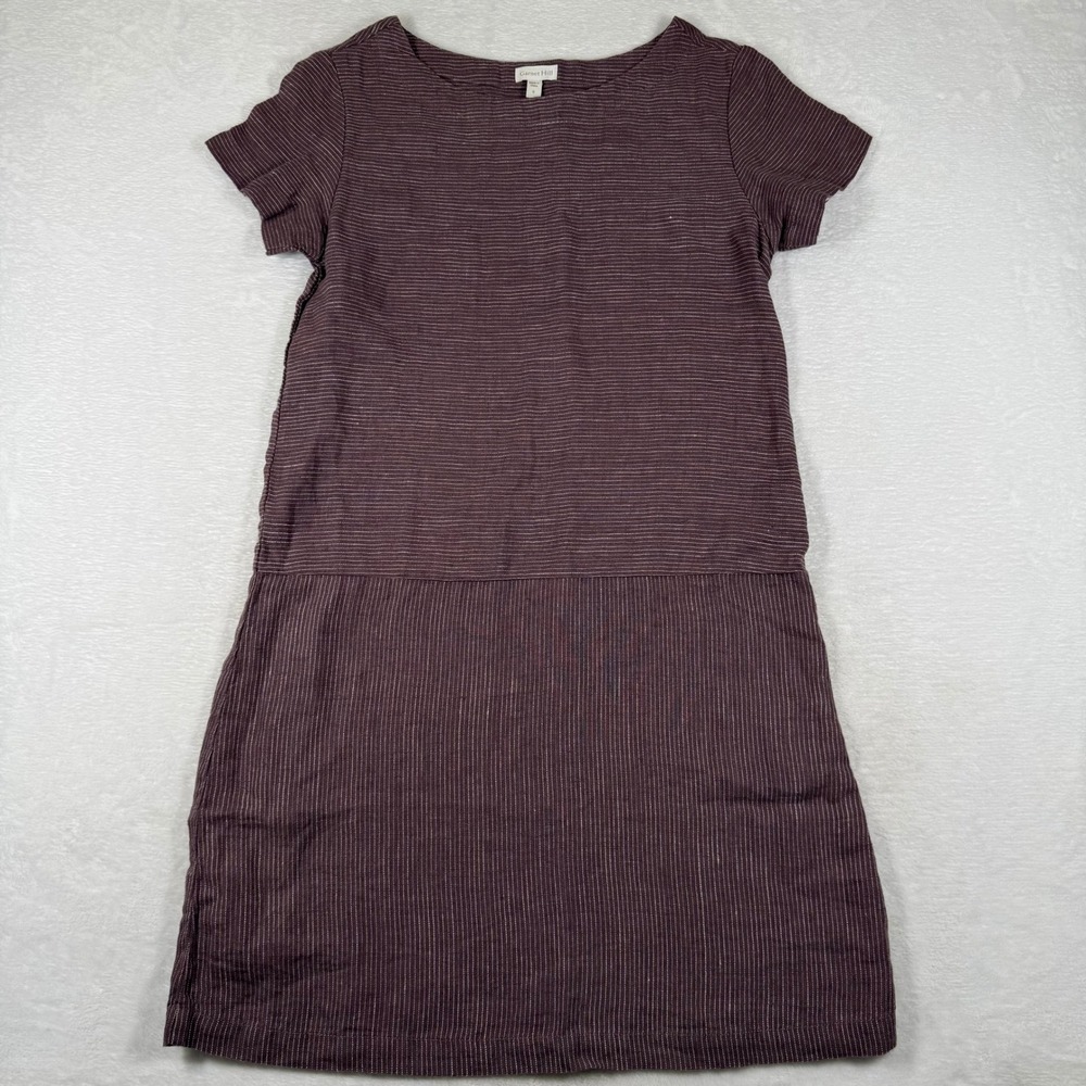 Garnet Hill Womens 0 Plum Striped 100% Linen Drop Waist Shift Dress 45889